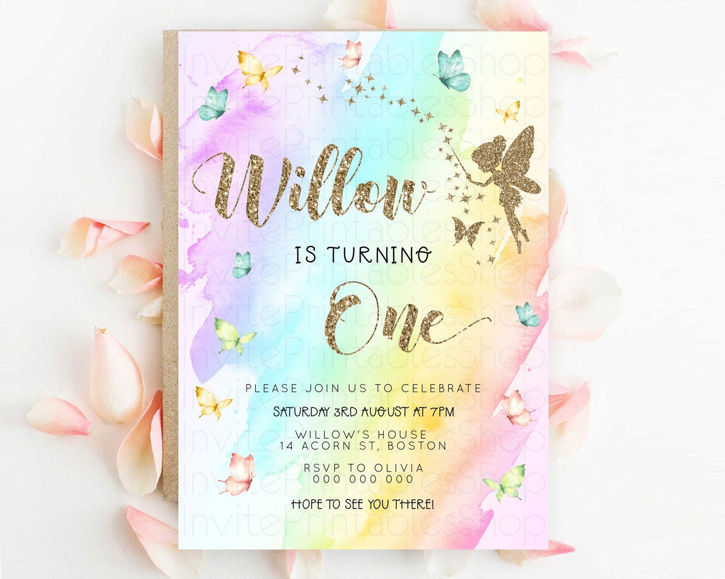 Pastel Fairy Birthday Invitation Pastel Butterflies Fairy Birthday Invitation Rainbow Ombre Watercolor 1st 2nd Birthday Invitation D23333