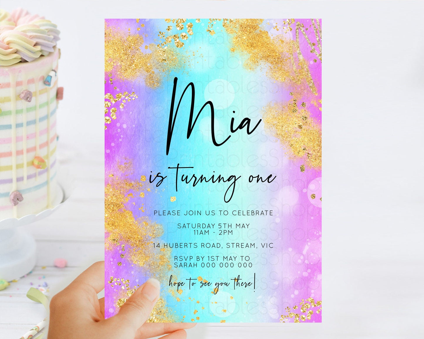 Rainbow Birthday Invitation Colorful Pastel Watercolor Invitation Gold Glitter Sprinkles Ombre Pastel 1st 2nd 3rd Birthday D10564