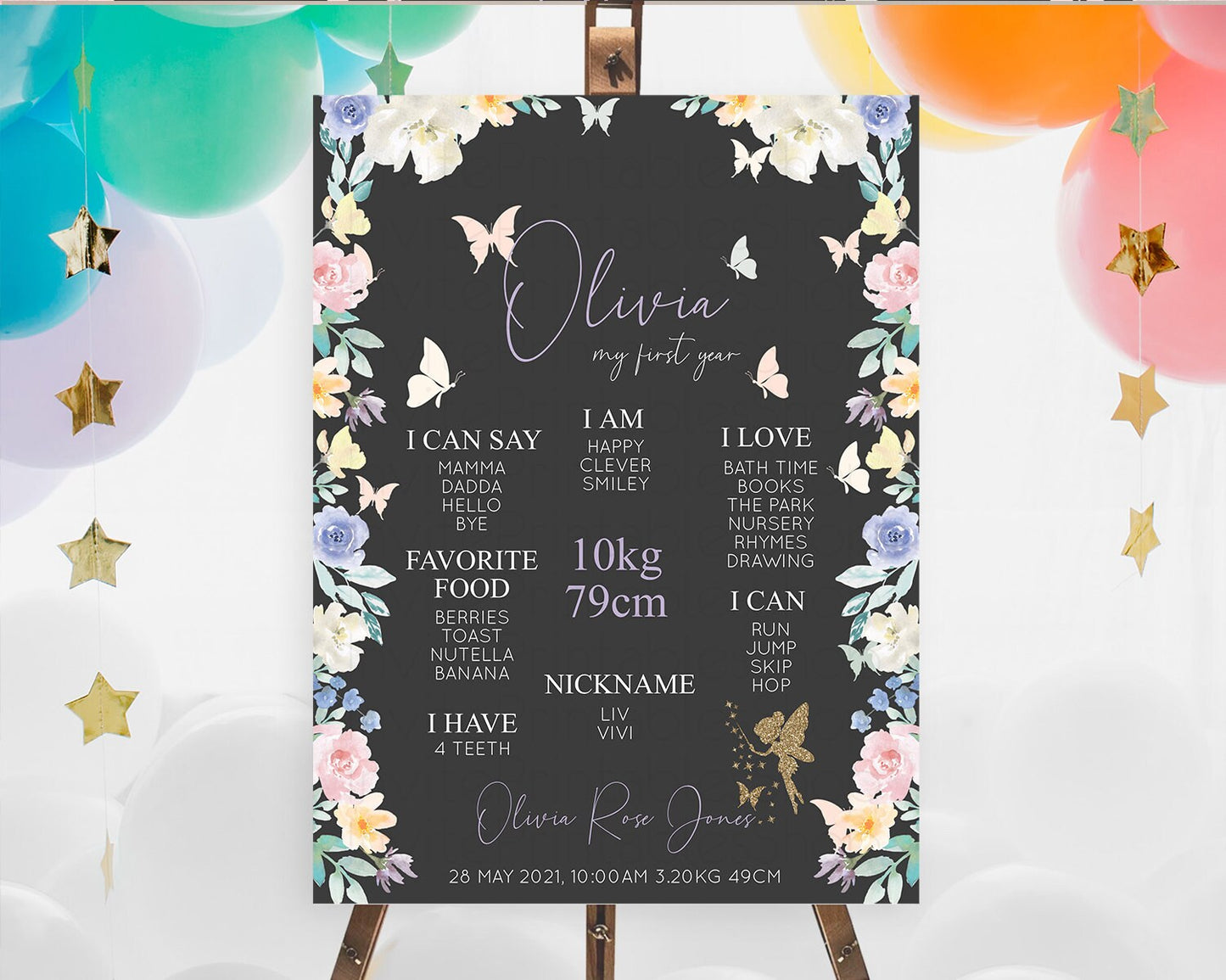 Fairy First Birthday Milestone Poster Fairy Secret Garden Milestone Board Enchanted Garden Pastel Floral Butterfly 1st Birthday Sign D10881