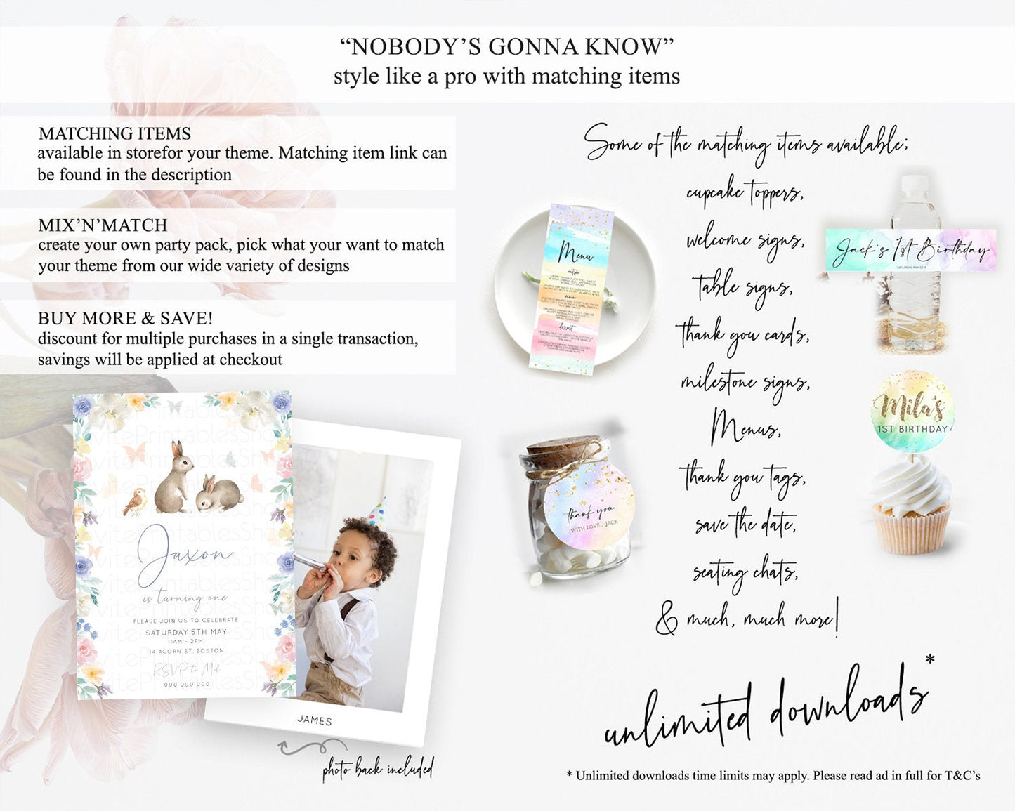 Bunny Birthday Invitation Floral Bunny Invitation Pastel Bunny Invites Pastel Watercolor Woodland Bunny Party 2nd 1st First Birthday D10928