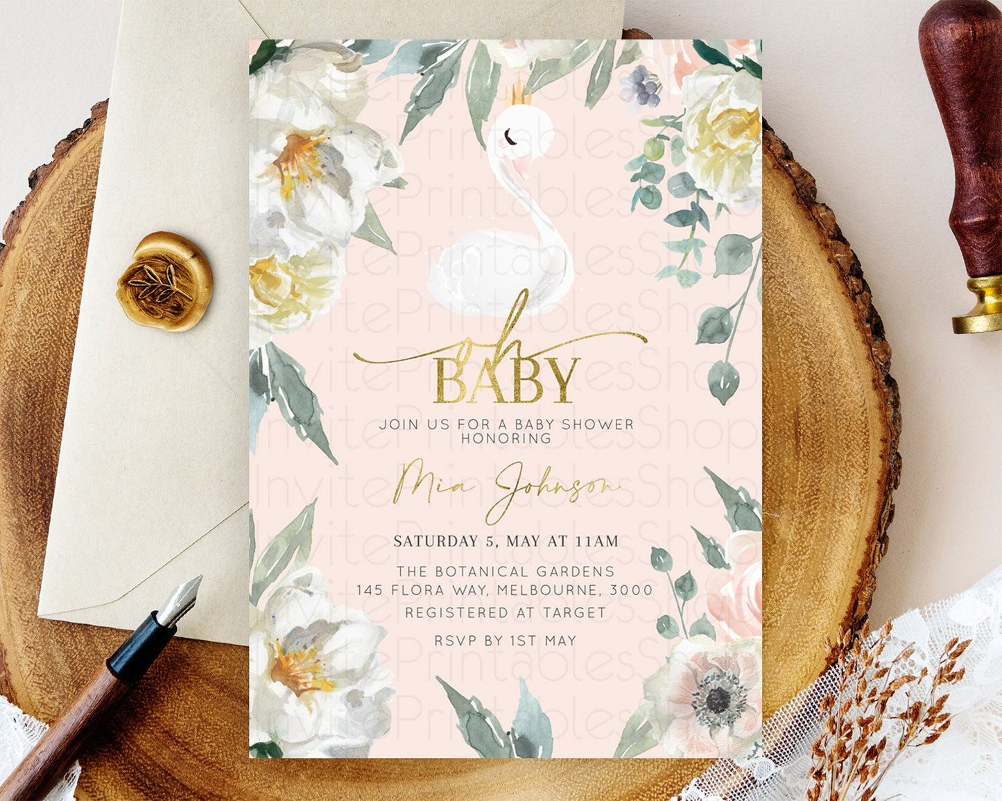 Swan Baby Shower Invitation Swan Princess Ballet Invitation Enchanted Forest Swan Lake Baby Shower Watercolour Pastel Floral D10115