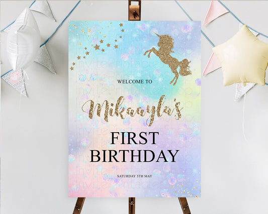Editable Unicorn Rainbow Birthday Welcome Board Pastel Unicorn Welcome Sign