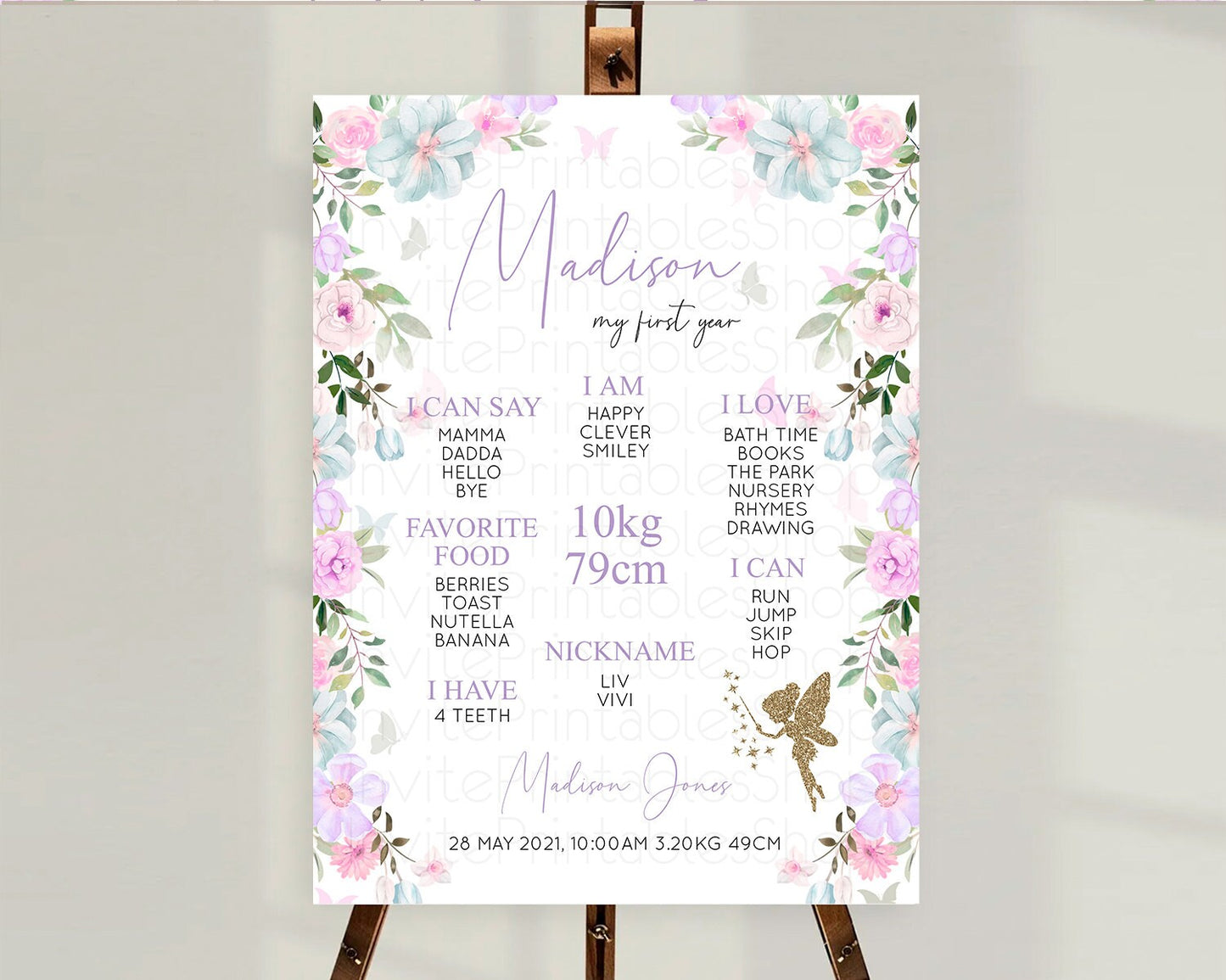 Fairy First Birthday Milestone Poster Fairy Secret Garden Milestone Board Enchanted Garden Pastel Floral Butterfly 1st Birthday Sign D10475