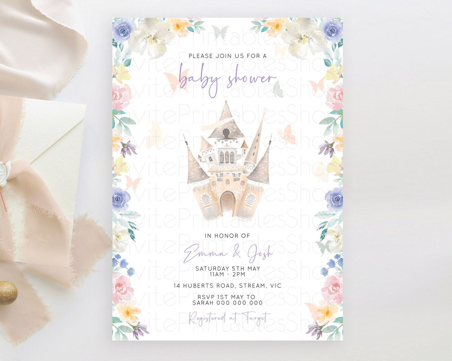 Pastel Princess Baby Shower Invitation Floral Castle Invitation Royal Baby Invite Enchanted Castle Pastel Flower Garden Baby Shower D10709