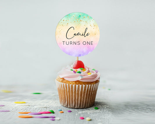 Editable Rainbow Cupcake Toppers Pastel Cupcake Toppers Colorful Pastel Wate