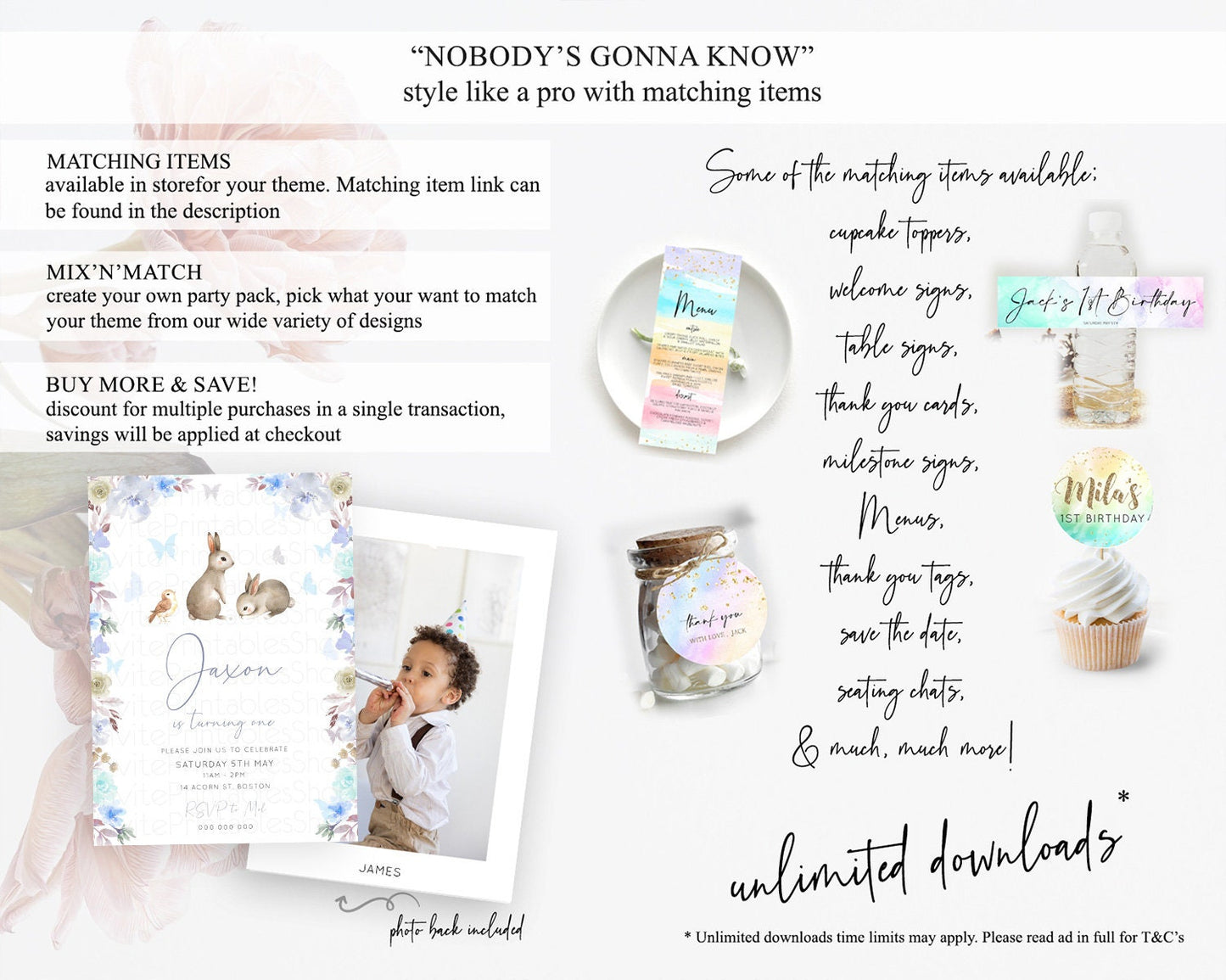 Bunny Birthday Invitation Floral Bunny Invitation Pastel Bunny Invites Pastel Watercolor Woodland Bunny Party 2nd 1st First Birthday D10927