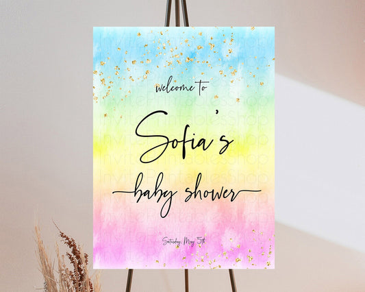 Pastel Baby Shower Welcome Sign Pastel Rainbow Welcome Sign Colorful Rainbow Confetti Watercolor Glitter Décor Pastel  Welcome Sign D10480