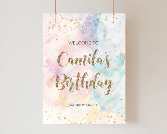 Rainbow Welcome Sign Pastel Watercolor Welcome Board Gold Glitter Confetti Colorful Splash Party Entry Sign 1st Birthday Poster 276