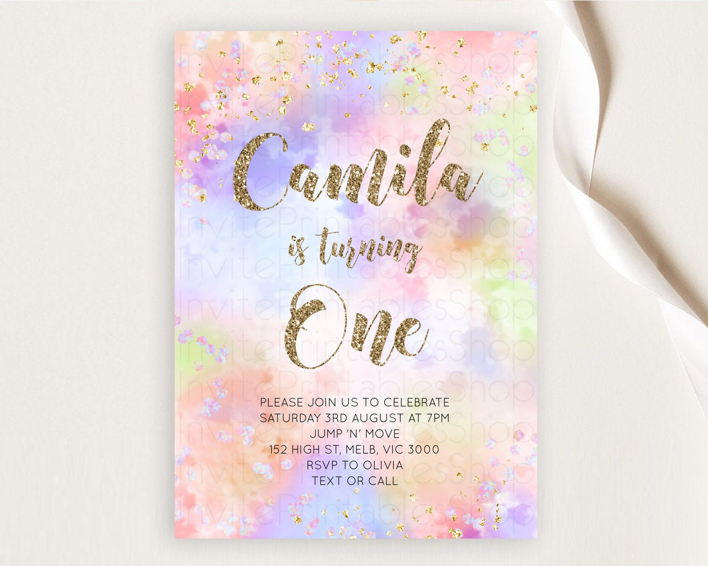 Rainbow Birthday Invitation Colorful Pastel Watercolor Invitation Gold Glitter Sprinkles Ombre Pastel 1st 2nd 3rd Birthday D11019