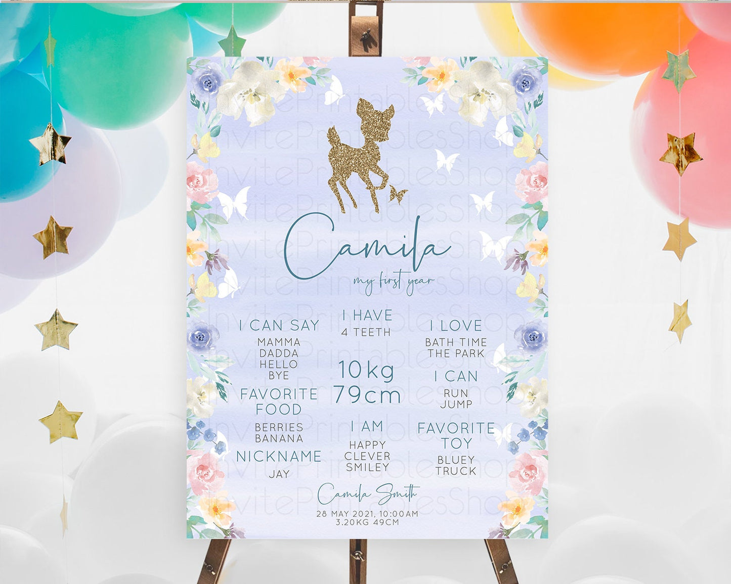 Fawn First Birthday Milestone Board Deer First Birthday Milestone Poster Enchanted Forest Butterfly Pastel Flowers 1st Birthday Sign D10879