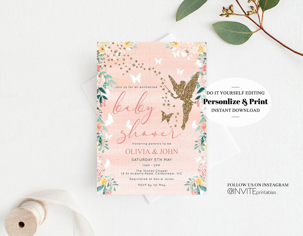 Fairy Baby Shower Invitation Enchanted Baby Shower Tinkerbell Gold Glitter Pixie Sprinkle Twinkle Stars Fairytale Pastel Watercolor Flowers