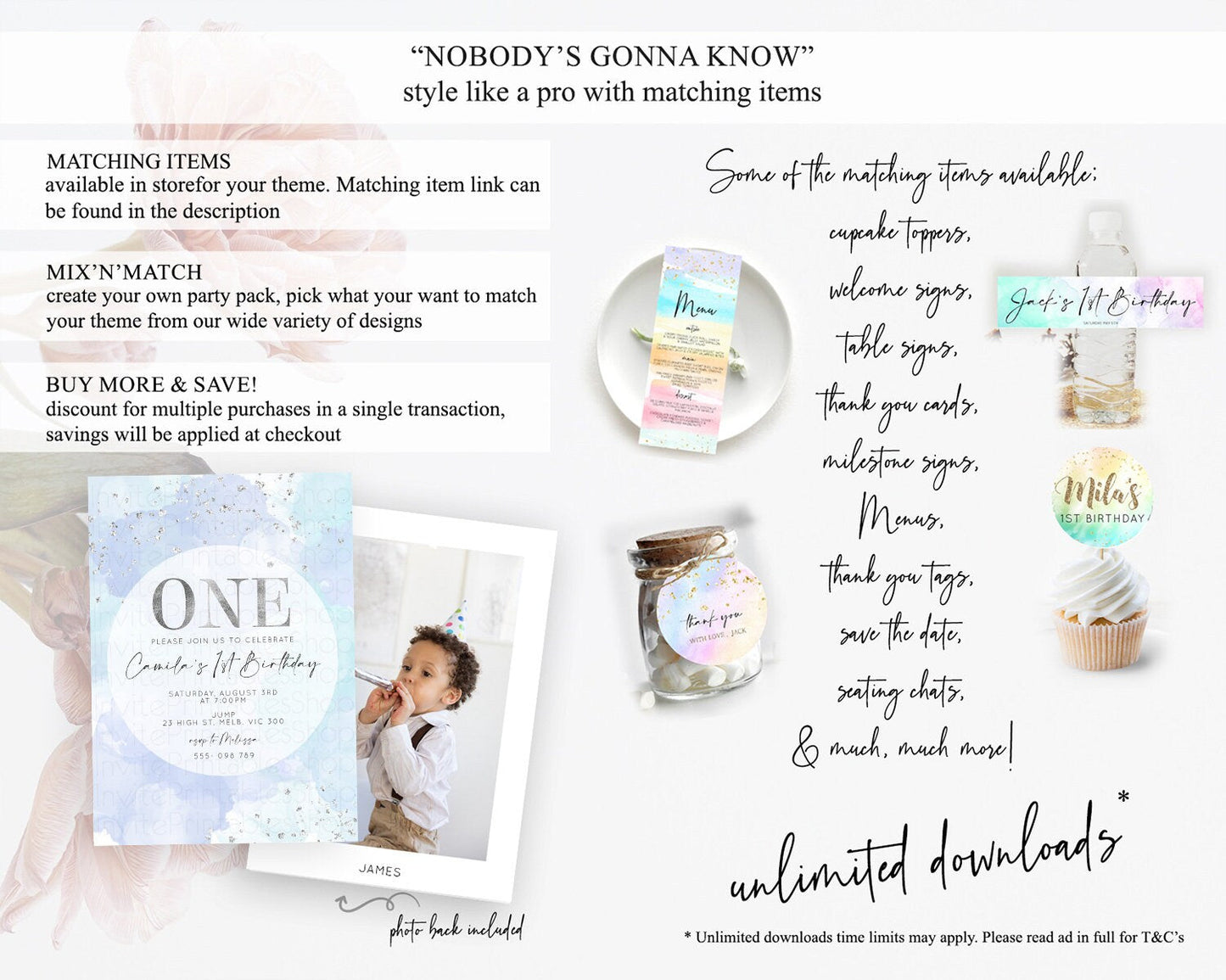 Rainbow Birthday Invitation Colorful Pastel Watercolor Silver Glitter Sprinkles Ombre Pastel Invitation 1st 2nd 3rd First Birthday D10628