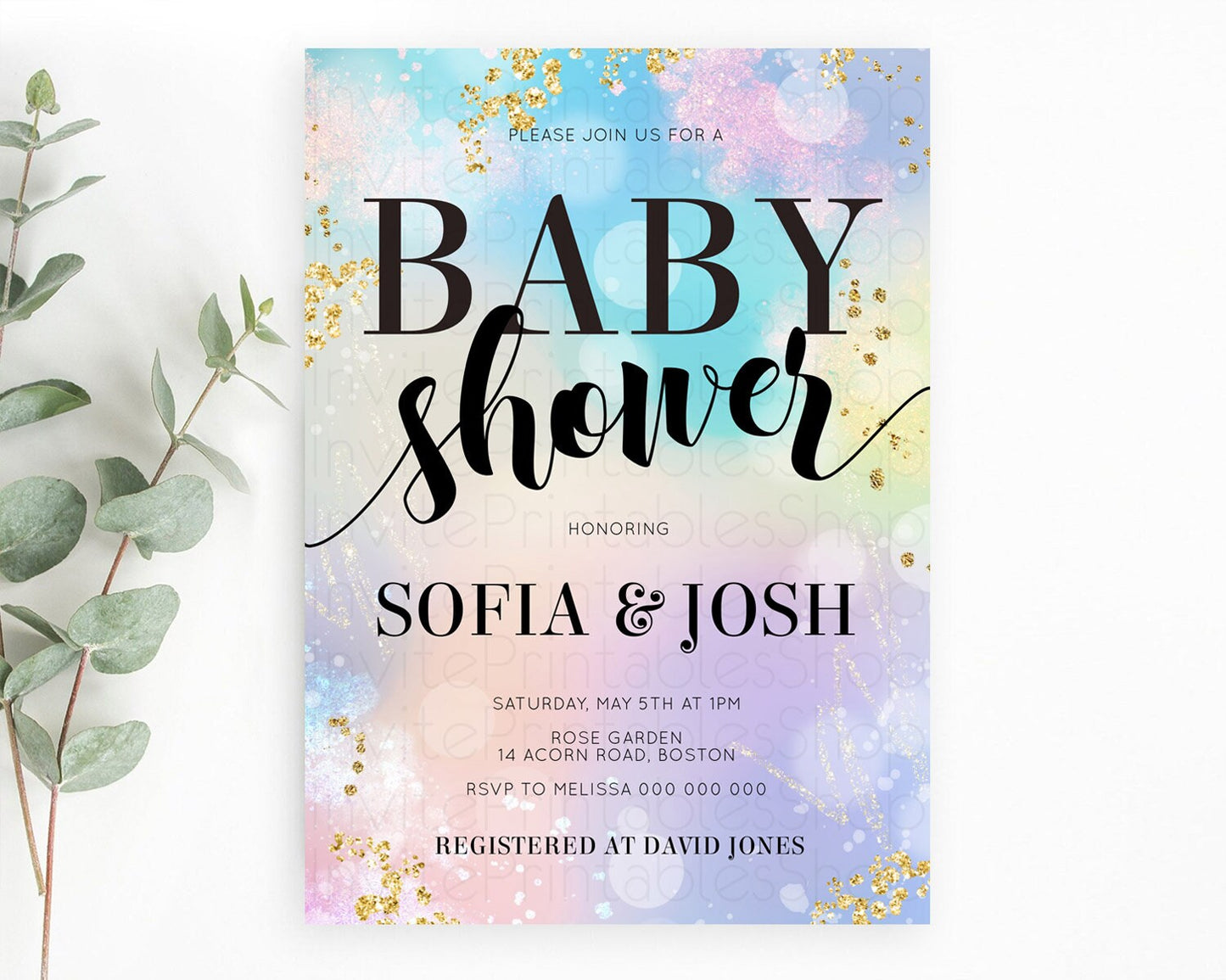 Pastel Baby Shower Invitation Rainbow Baby Shower Invitation Colorful Pastel Watercolor Invitation Gold Glitter Sprinkles Ombre D10677
