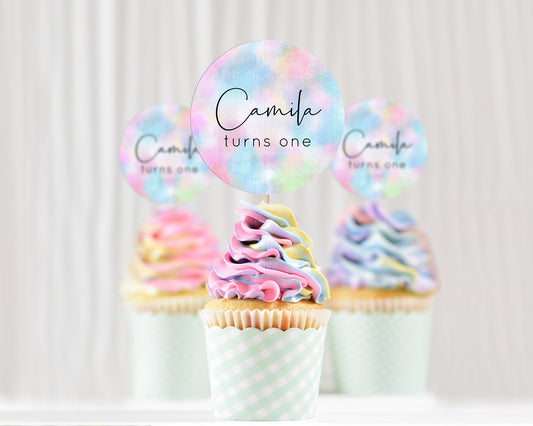 Editable Rainbow Cupcake Toppers Pastel Cupcake Toppers Colorful Pastel Wate