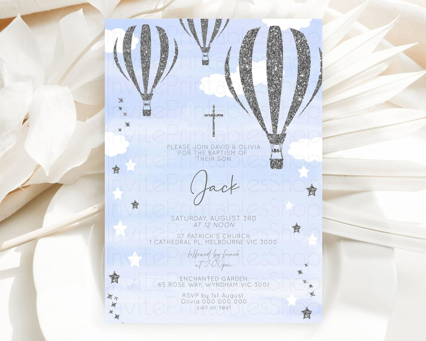 Hot Air Balloon Baptism Invitation Hot Air Balloon Baptism Birthday Invitation Adventure Awaits Up Up Away Glitter Blue Watercolor D10334