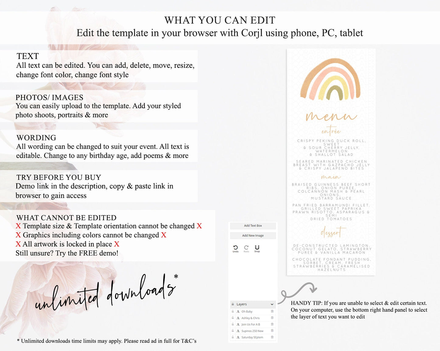Pastel Rainbow Menu Boho Rainbow Menu Template Rainbow Boho Table Decor Pastel Rainbow Dinner Dessert Menu Rainbow Party Food Menu D10684