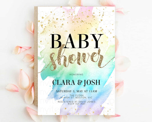 Pastel Baby Shower Invitation Rainbow Baby Shower Invitation Colorful Pastel Watercolor Invitation Gold Glitter Sprinkles Ombre D10259