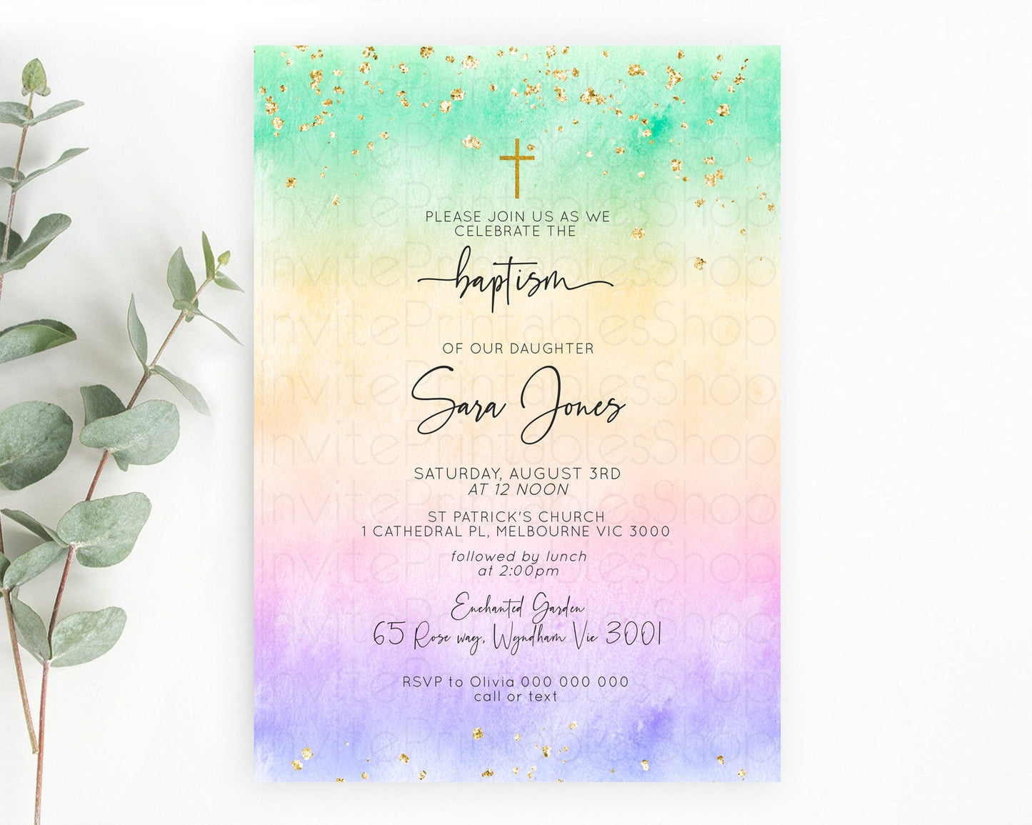 Pastel Baptism Invitation Pastel Colors Watercolor Baptism 1st Birthday Party Gold Ombre Pastel Rainbow Christening Holy Communion D10485