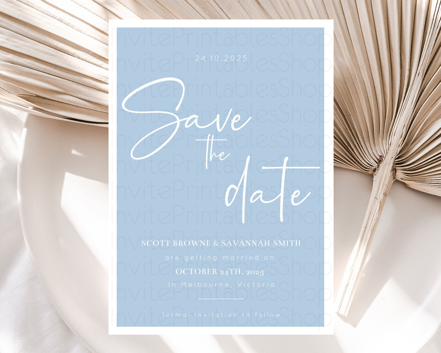 Minimalist Blue Save The Date Template Simple Modern Blue Party Theme For 1st Birthday Baptism Baby Shower Wedding Bridal Shower D10734