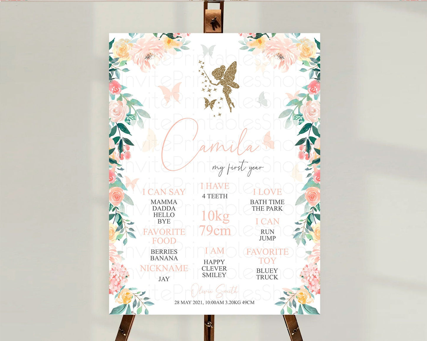 Fairy First Birthday Milestone Poster Fairy Secret Garden Milestone Board Enchanted Garden Pastel Floral Butterfly 1st Birthday Sign D10789