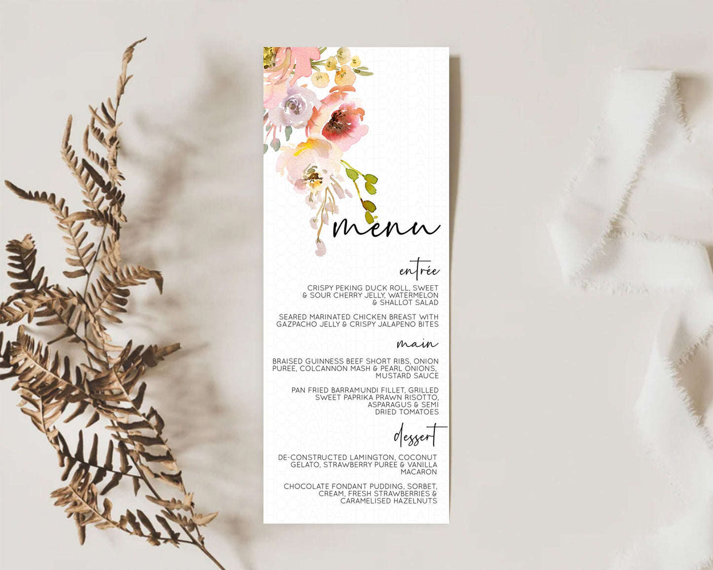 Secret Garden Menu Wildflower Menu Template Pastel Flower Garden Table Decor Boho Floral Dinner Dessert Floral Party Food Menu D10194