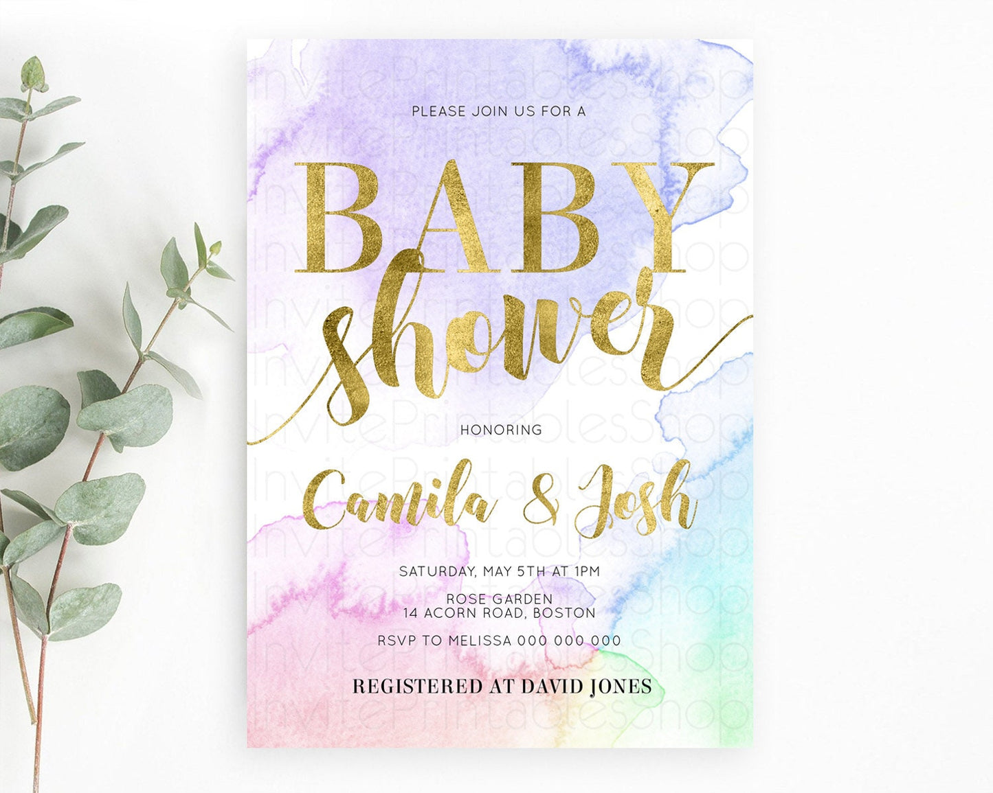 Pastel Baby Shower Invitation Rainbow Baby Shower Invitation Colorful Pastel Watercolor Invitation Gold Glitter Sprinkles Ombre D10216