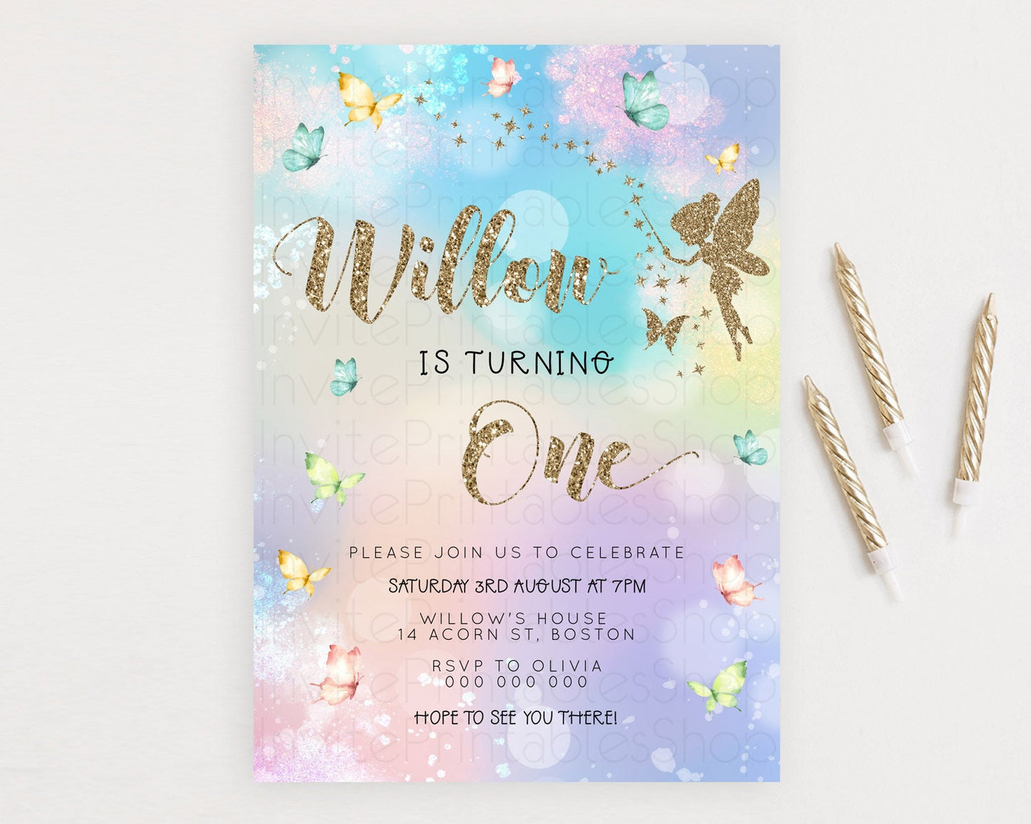 Pastel Fairy Birthday Invitation Pastel Butterflies Fairy Birthday Invitation Rainbow Ombre Watercolor 1st 2nd Birthday Invitation D23165