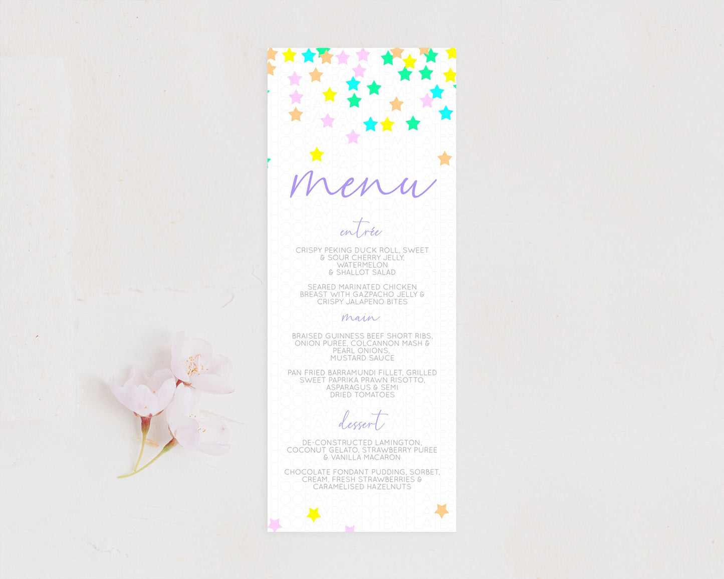 Star Menu Template Pastel Stars Menu Shooting Star Twinkle Little Star Decor Rainbow Colorful Confetti Dinner Dessert Food Menu D10394