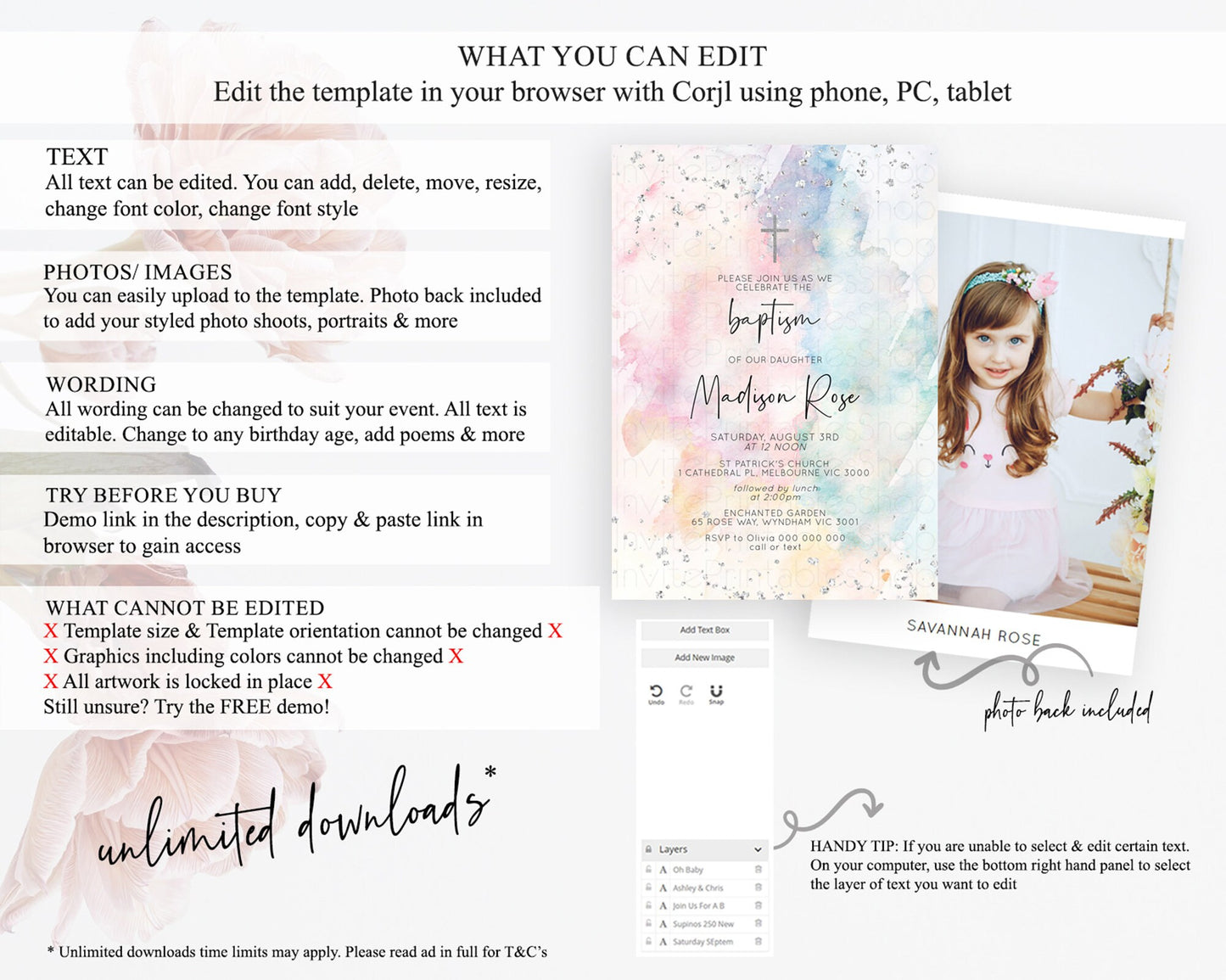 Rainbow Baptism Invitation Colorful Pastel Watercolor Baptism 1st Birthday Invitation Silver Glitter Ombre Christening Invitation D10945