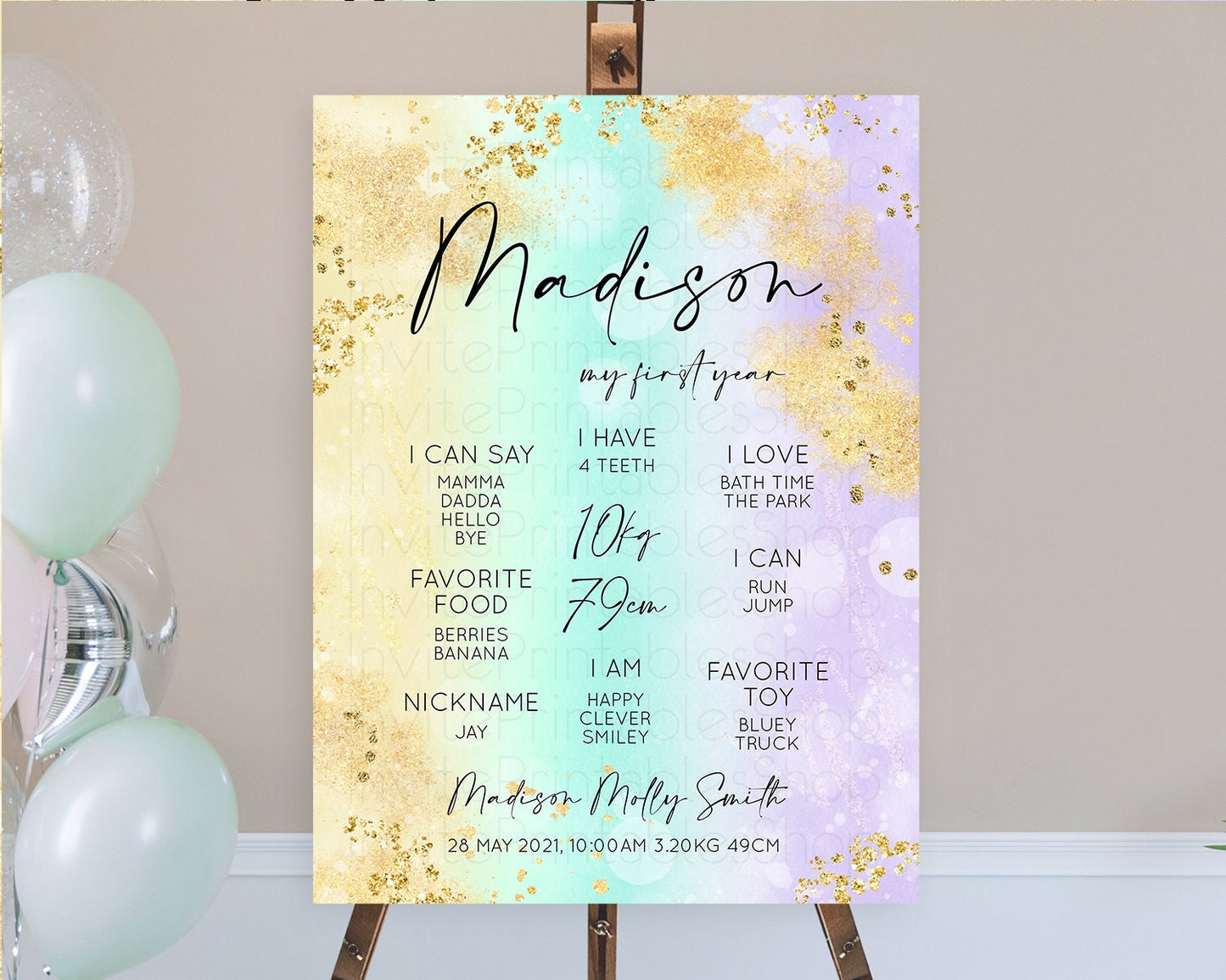 Pastel First Birthday Milestone Board Pastel Rainbow Milestone Poster Colorful Confetti Watercolor Glitter 1st Birthday Welcome Sign D10672