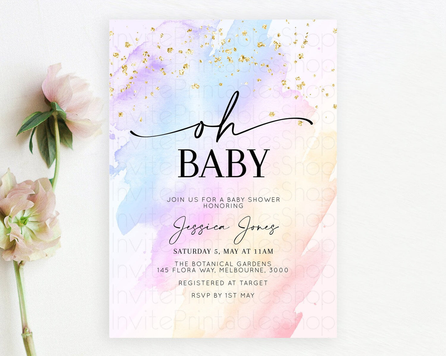 Pastel Baby Shower Invitation Rainbow Baby Shower Invitation Colorful Pastel Watercolor Invitation Gold Glitter Sprinkles Ombre D10635