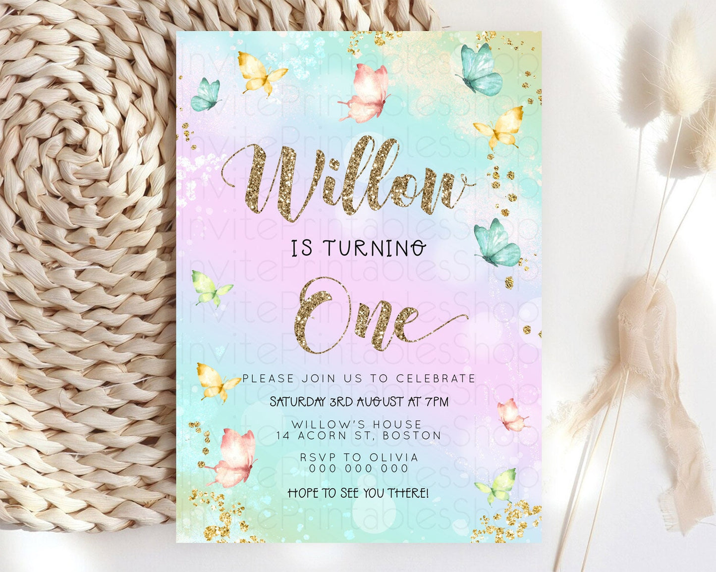 Pastel Butterfly Birthday Invitation Butterfly Birthday Invitation Colorful Splash Glitter Butterfly Garden 1st 2nd Birthday D23090