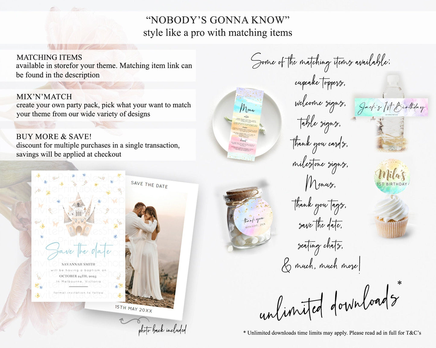 Princess Save The Date Template Secret Garden Enchanted Castle Pastel Floral Royal Party For 1st Birthday Baptism Baby Shower D10365