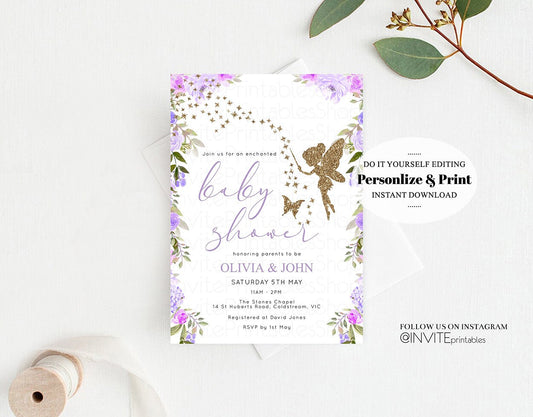 Editable Fairy Baby Shower Invitation Fairy Gold Glitter Purple Floral Encha