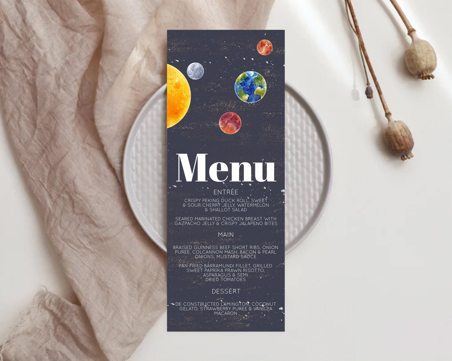 Space Menu Space Menu Template First Trip Around the Sun Table Decor Planets Solar System ONE year Food Menu Dinner Dessert Menu D10144