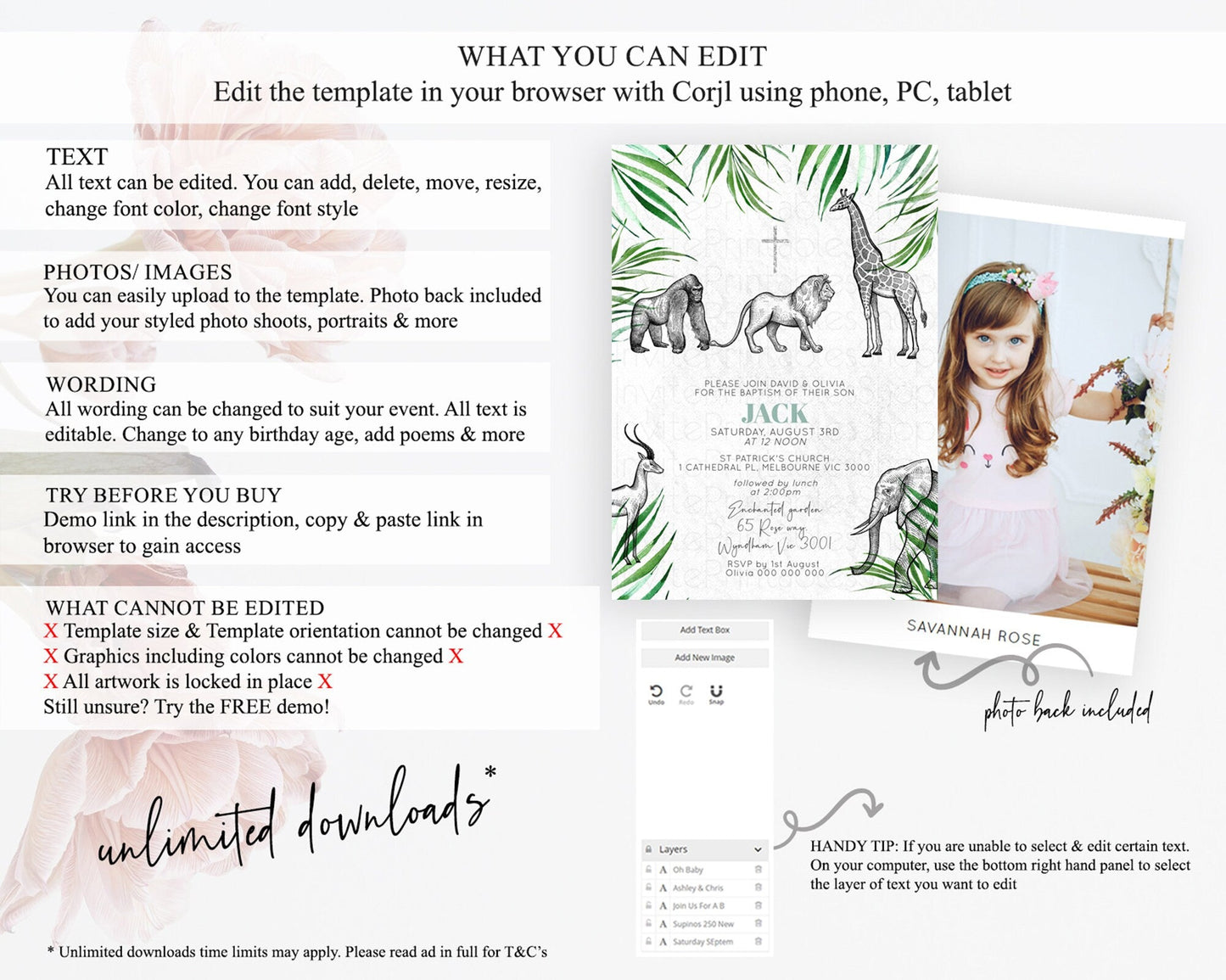 Safari Baptism Invitation Safari Adventure Baptism Birthday Invitation Lion Gorilla Elephant Rhino Tropical Palm Jungle Adventure D10853