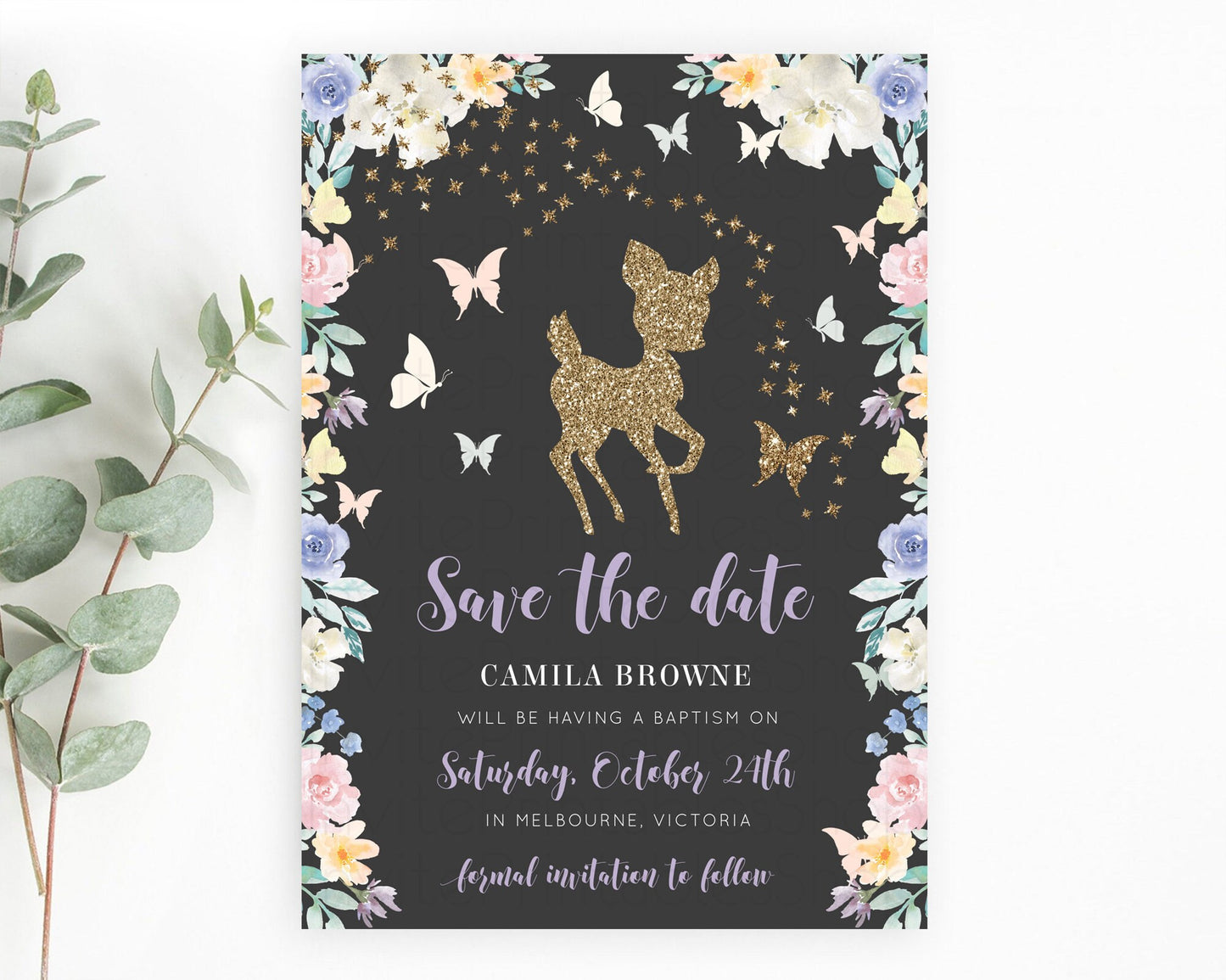 Fawn Deer Save The Date Template Pastel Floral Deer Enchanted Forest Butterfly Party 1st Birthday Baptism Baby Shower Bridal Shower D10880