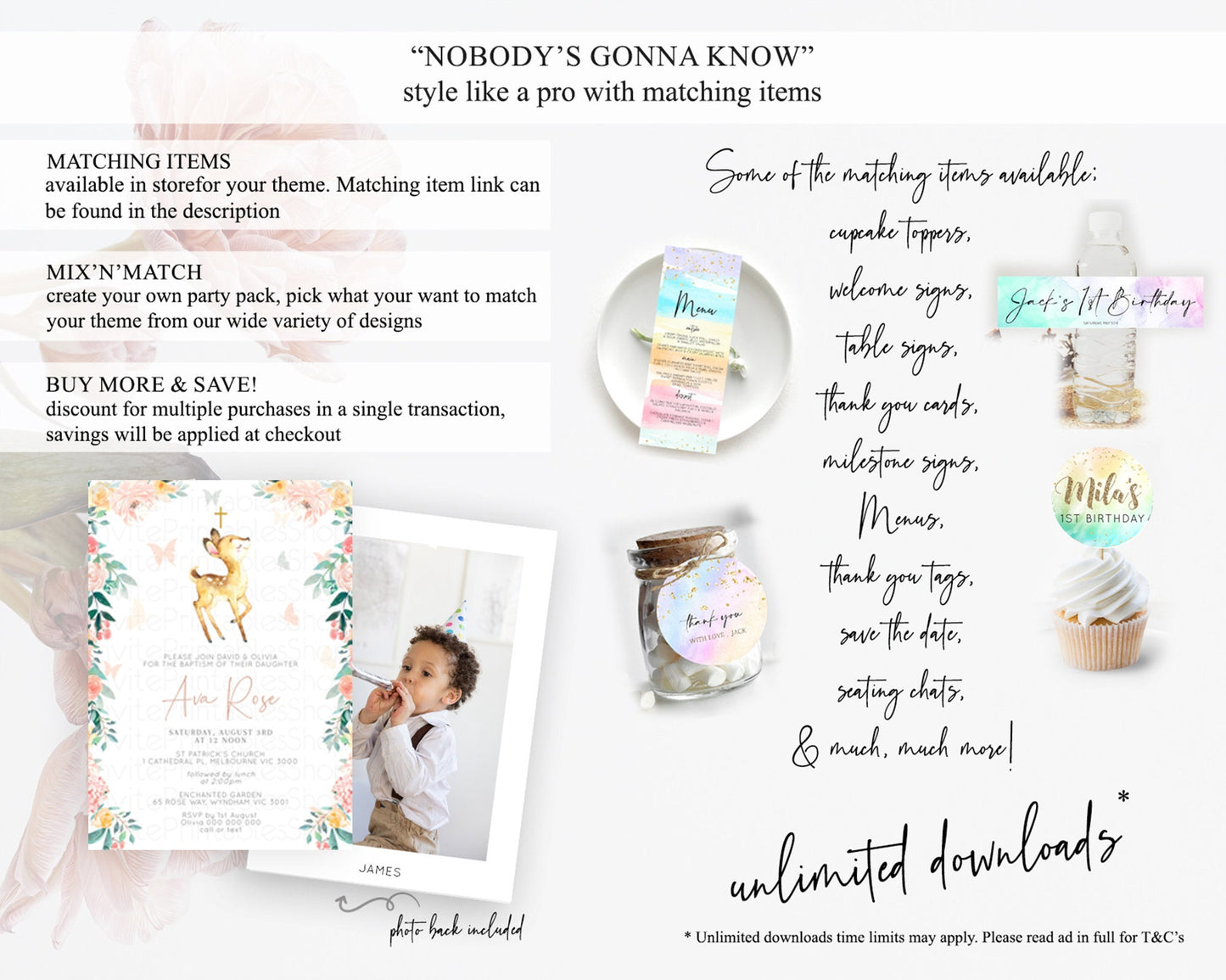 Fawn Baptism Invitation Deer Baptism 1st Birthday Invitation Enchanted Forest Christening Invitation Pastel Garden Butterfly Floral D10753