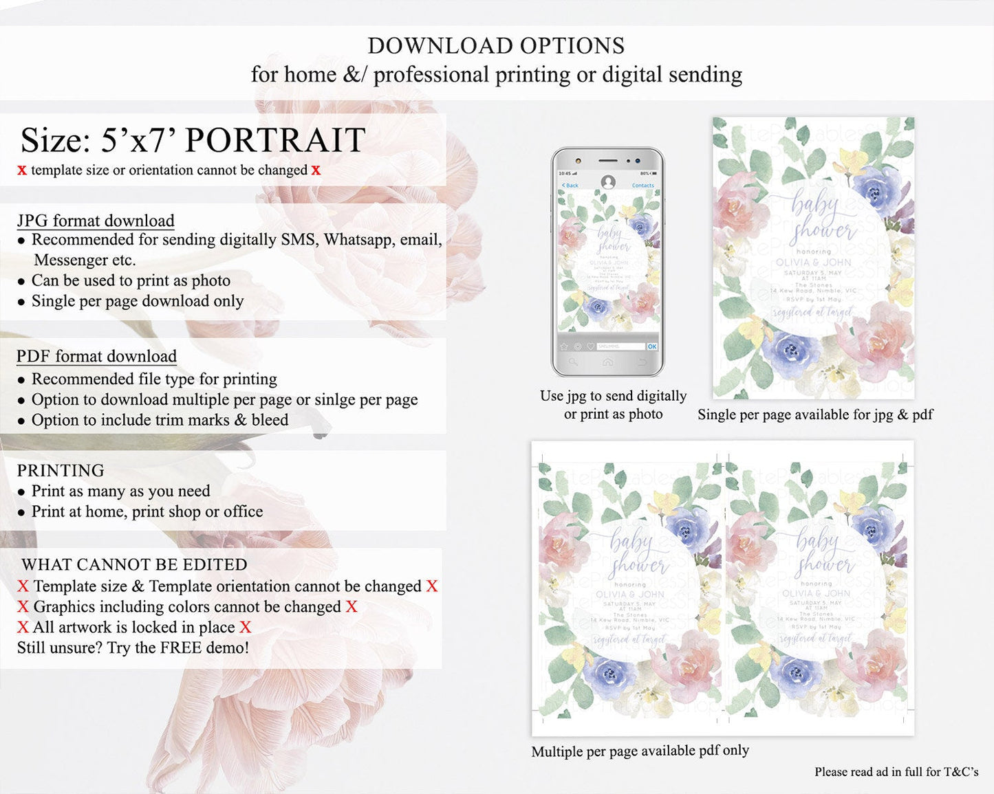 Enchanted Garden Baby Shower Invitation, Wildflower, Blooms, Secret Garden Pastel Pink Blue Flowers, Elegant Floral Botanical Theme D10860