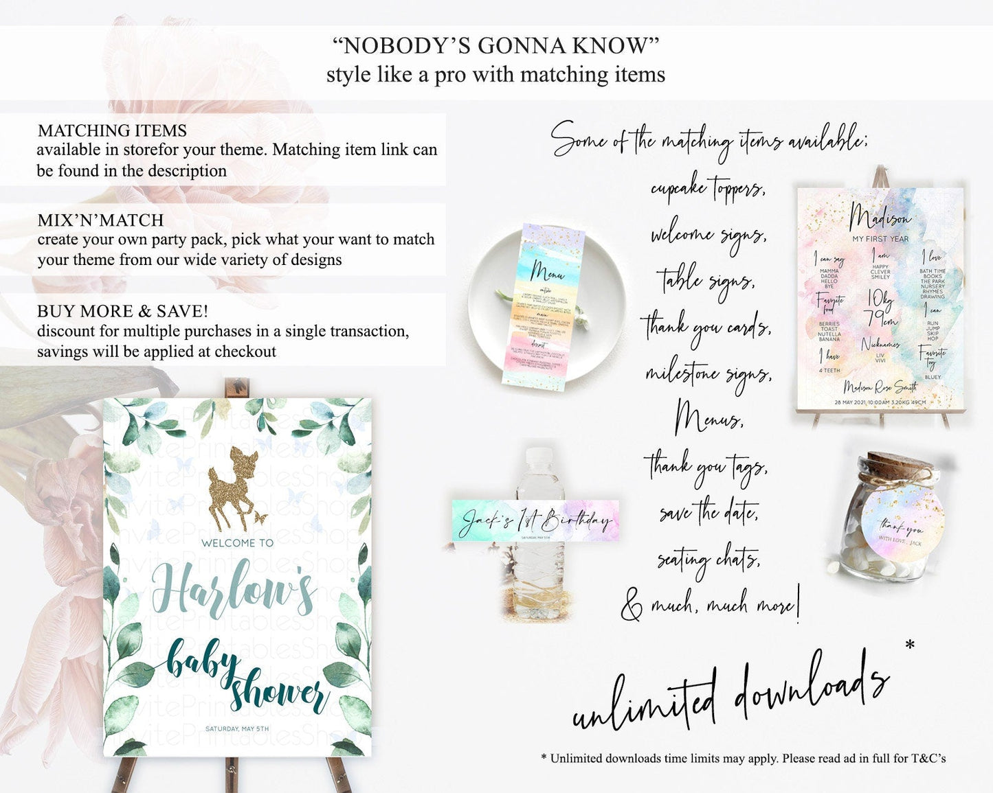 Fawn Baby Shower Welcome Sign Deer Welcome Board Floral Deer Welcome Poster Enchanted Forest Butterfly Pastel Floral Welcome Sign D10882