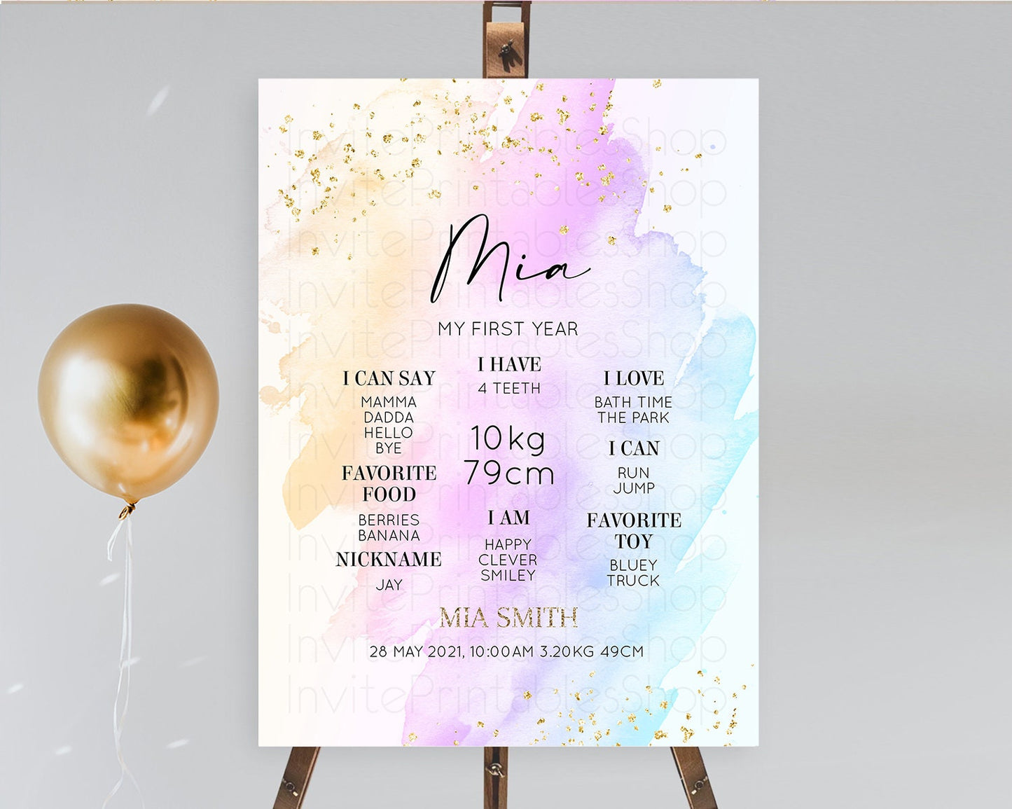 Pastel First Birthday Milestone Board Pastel Rainbow Milestone Poster Colorful Confetti Watercolor Glitter 1st Birthday Welcome Sign D10175