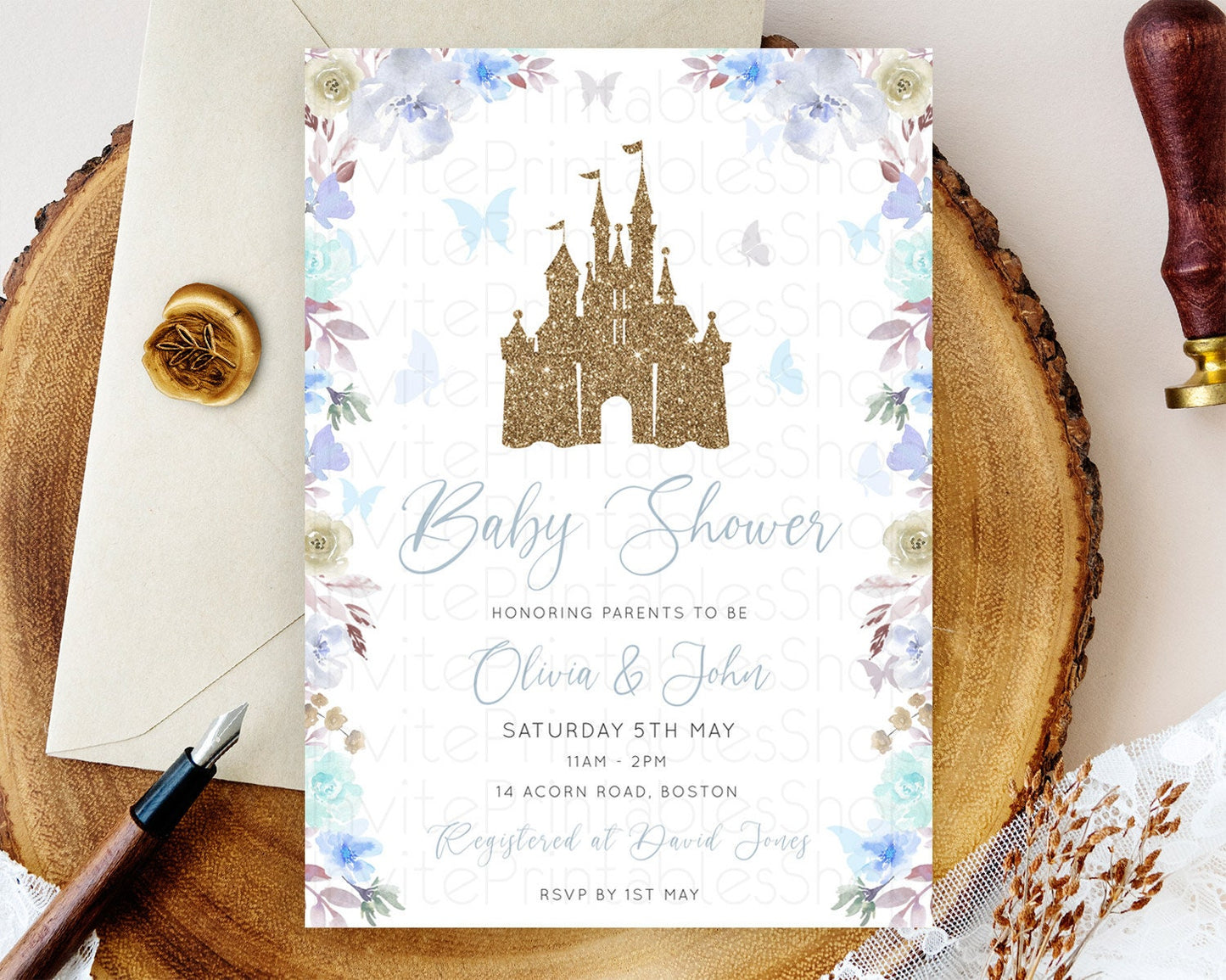 Enchanted Castle Baby Shower Invitation, Whimsical, Secret Garden Theme, Blue Grey Flowers, Soft Floral, Glitter Castle, Butterflies D10932