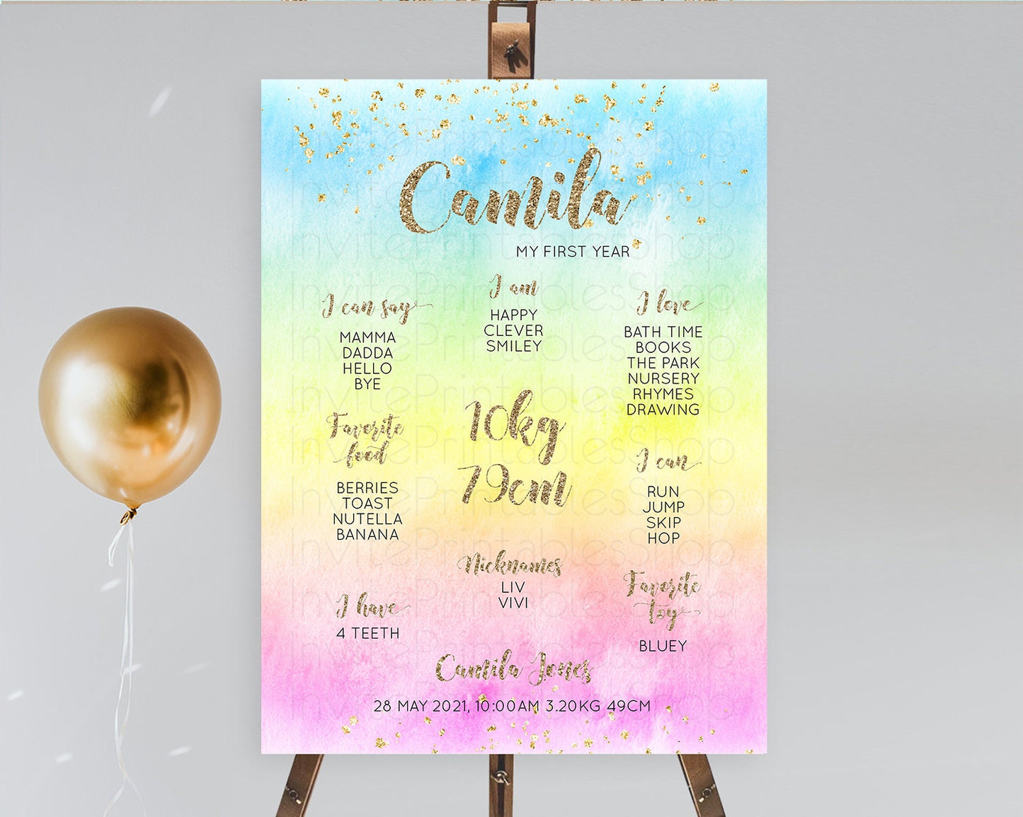 Pastel First Birthday Milestone Board Pastel Rainbow Milestone Poster Colorful Confetti Watercolor Glitter 1st Birthday Welcome Sign D10479