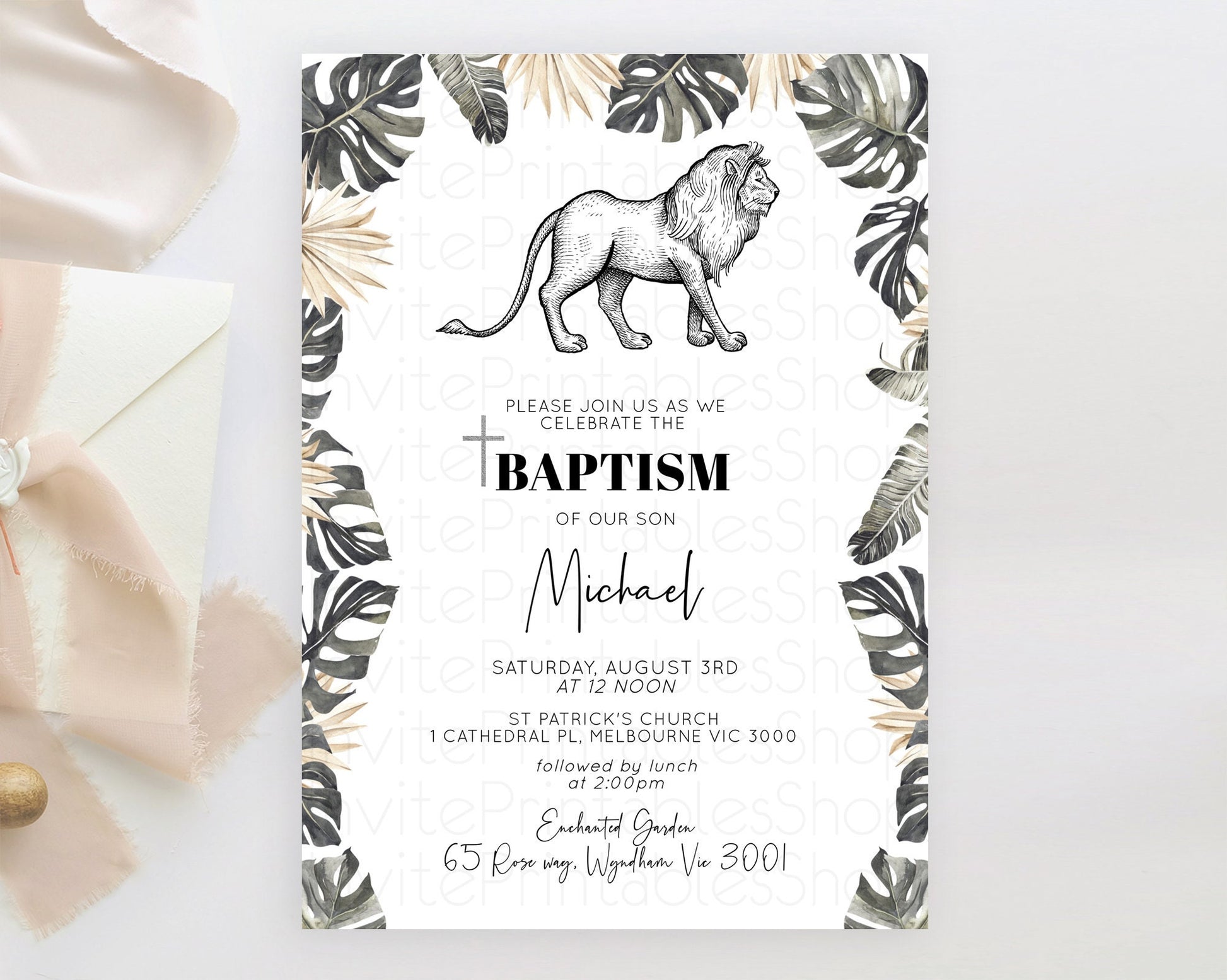 Editable Lion Baptism Invitation Lion Baptism 1st Birthday Invitation Modern