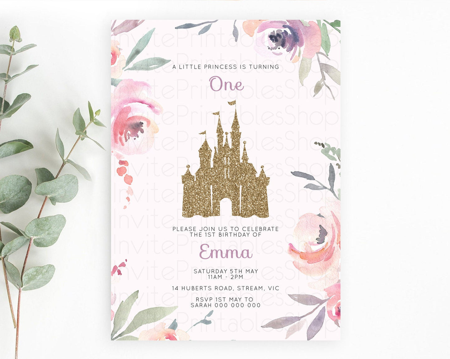 Princess Birthday Invitation Castle Invitation Royal Birthday Fairy Tale Enchanted Castle Pastel Floral Garden 1st First Birthday D10195