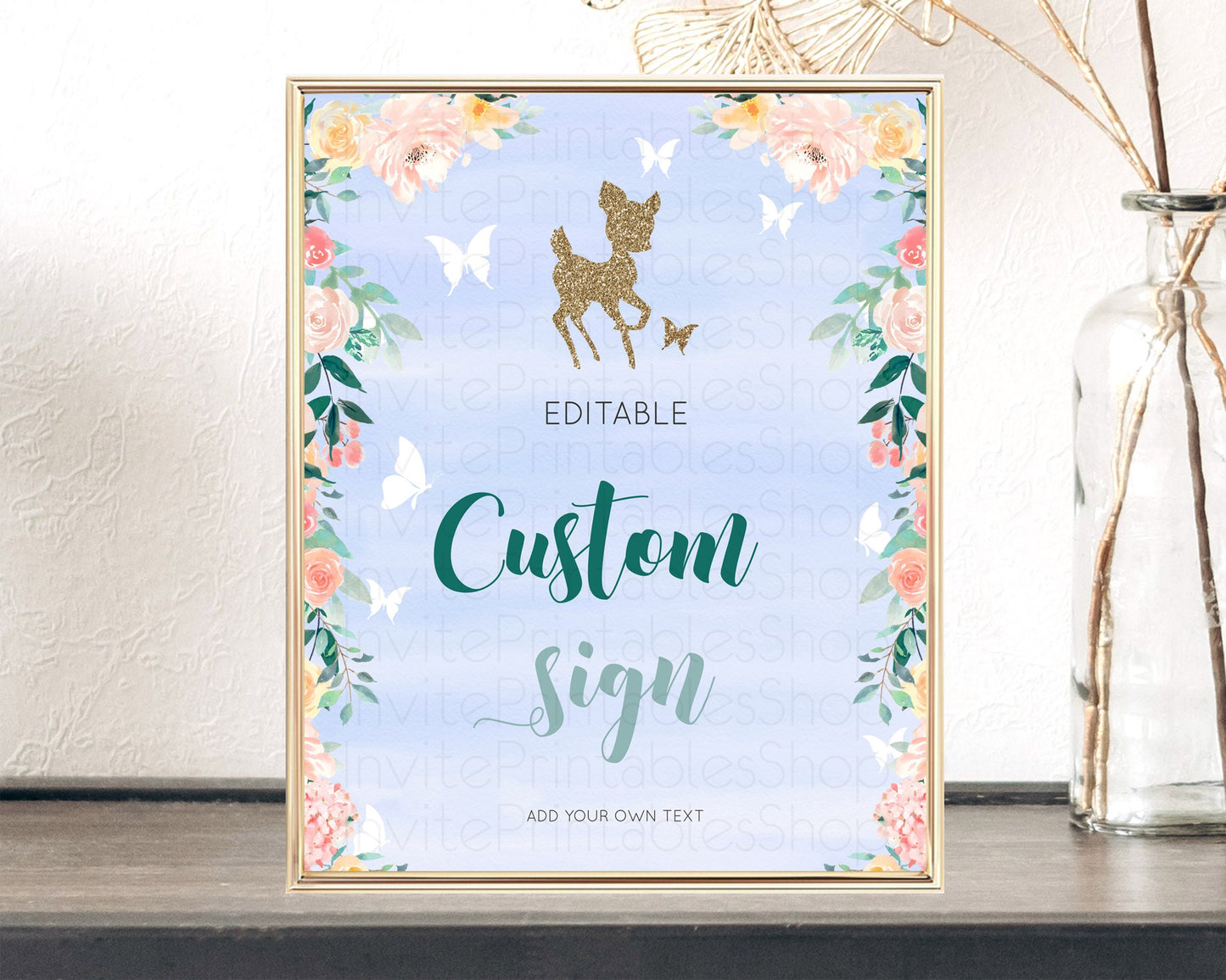 Fawn Deer Sign Pastel Floral Deer Table Sign Decor  Enchanted Forest Butterfly Party 1st Birthday Baptism Baby Shower Bridal Shower D10875