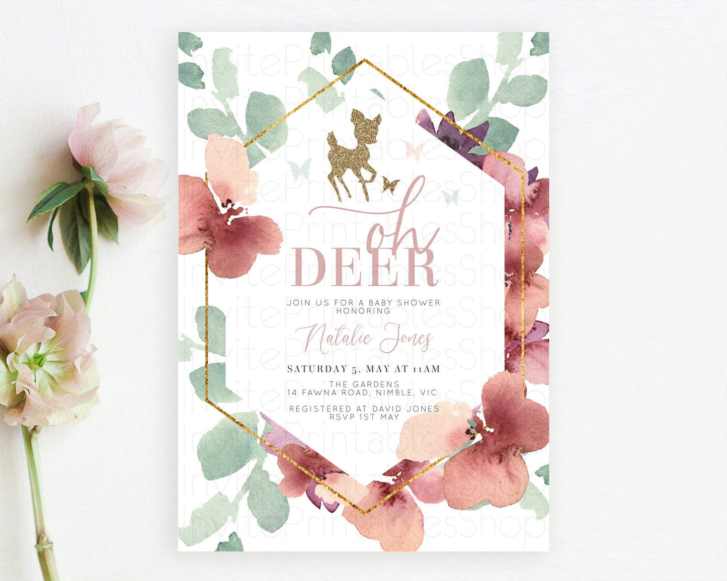 Fawn Baby Shower Invitation Deer Baby Shower Invites Enchanted Forest Theme Butterfly Pastel Flowers Whimsical Baby Shower D10459