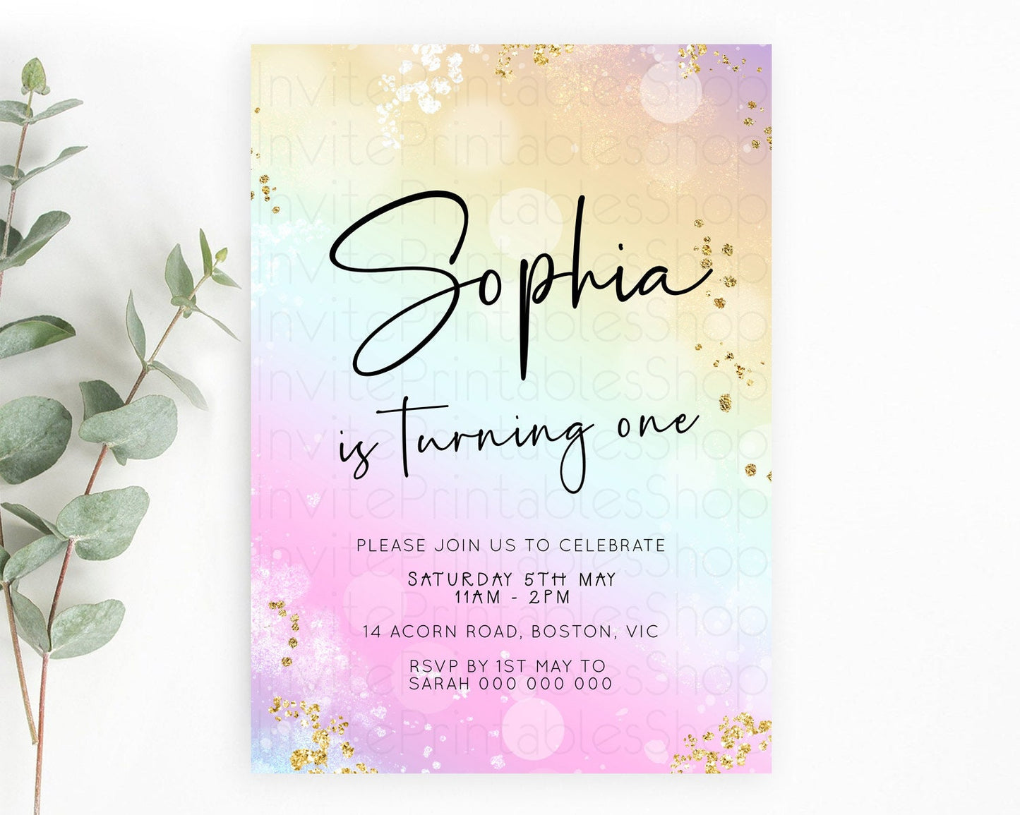 Pastel Birthday Invitation Ombre Watercolor Birthday Invitation Glitter Rainbow Color Splash 1st 2nd 3rd Birthday Invitation D23102