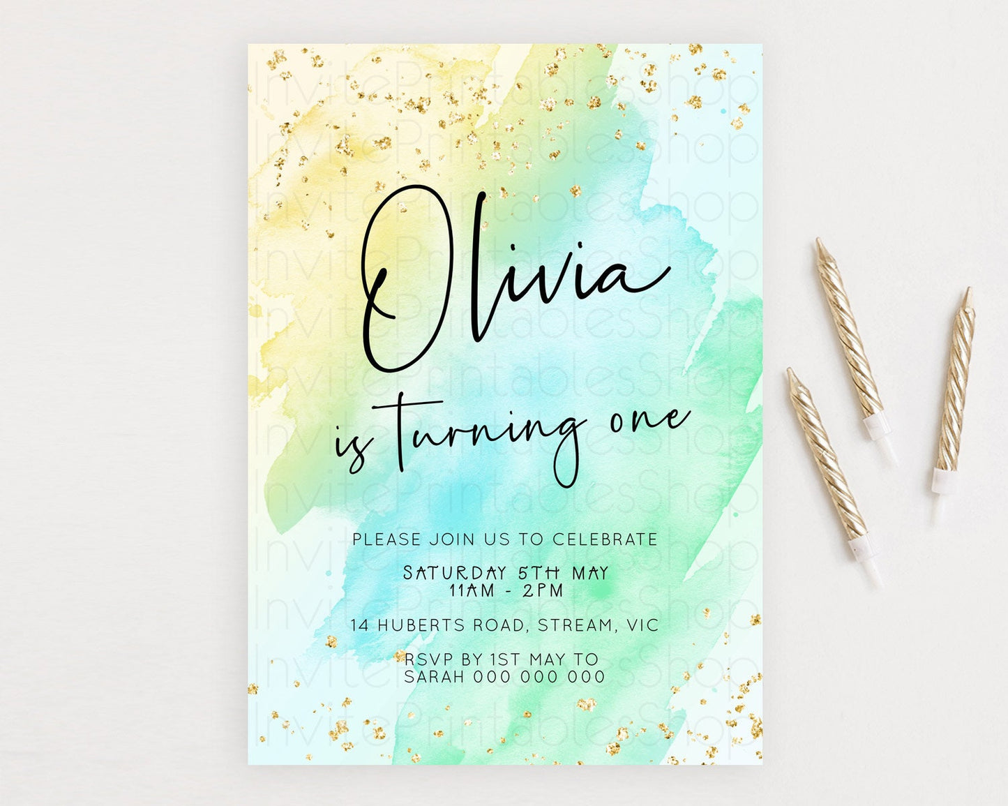 Pastel Birthday Invitation Ombre Watercolor Birthday Invitation Glitter Rainbow Color Splash 1st 2nd 3rd Birthday Invitation D23058