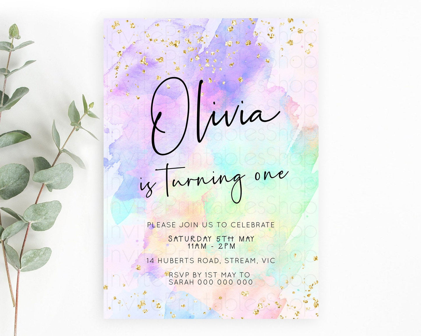 Pastel Birthday Invitation Ombre Watercolor Birthday Invitation Glitter Rainbow Color Splash 1st 2nd 3rd Birthday Invitation D23066